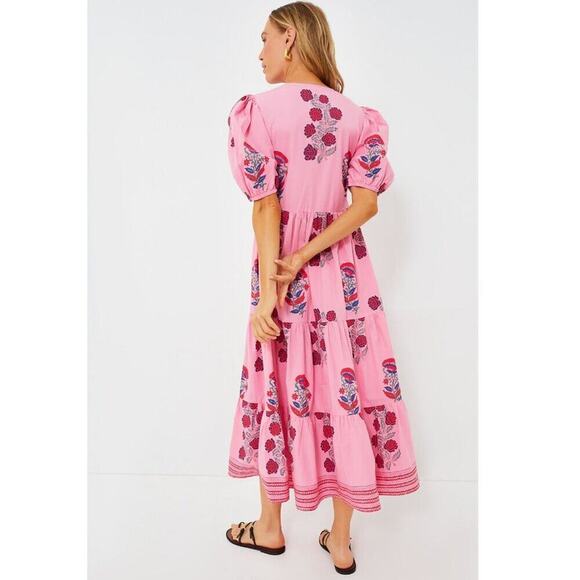 Oliphant Tuckernuck Boca Pink Puff Sleeve Maxi Midi Cotton Block Print Dress - Picture 6 of 16